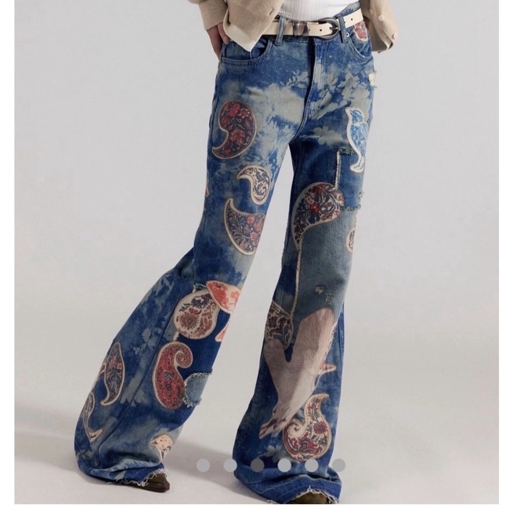 Free People NWT Flying High Patchwork Paisley Floral Wide Leg Flare Jeans Sz 27